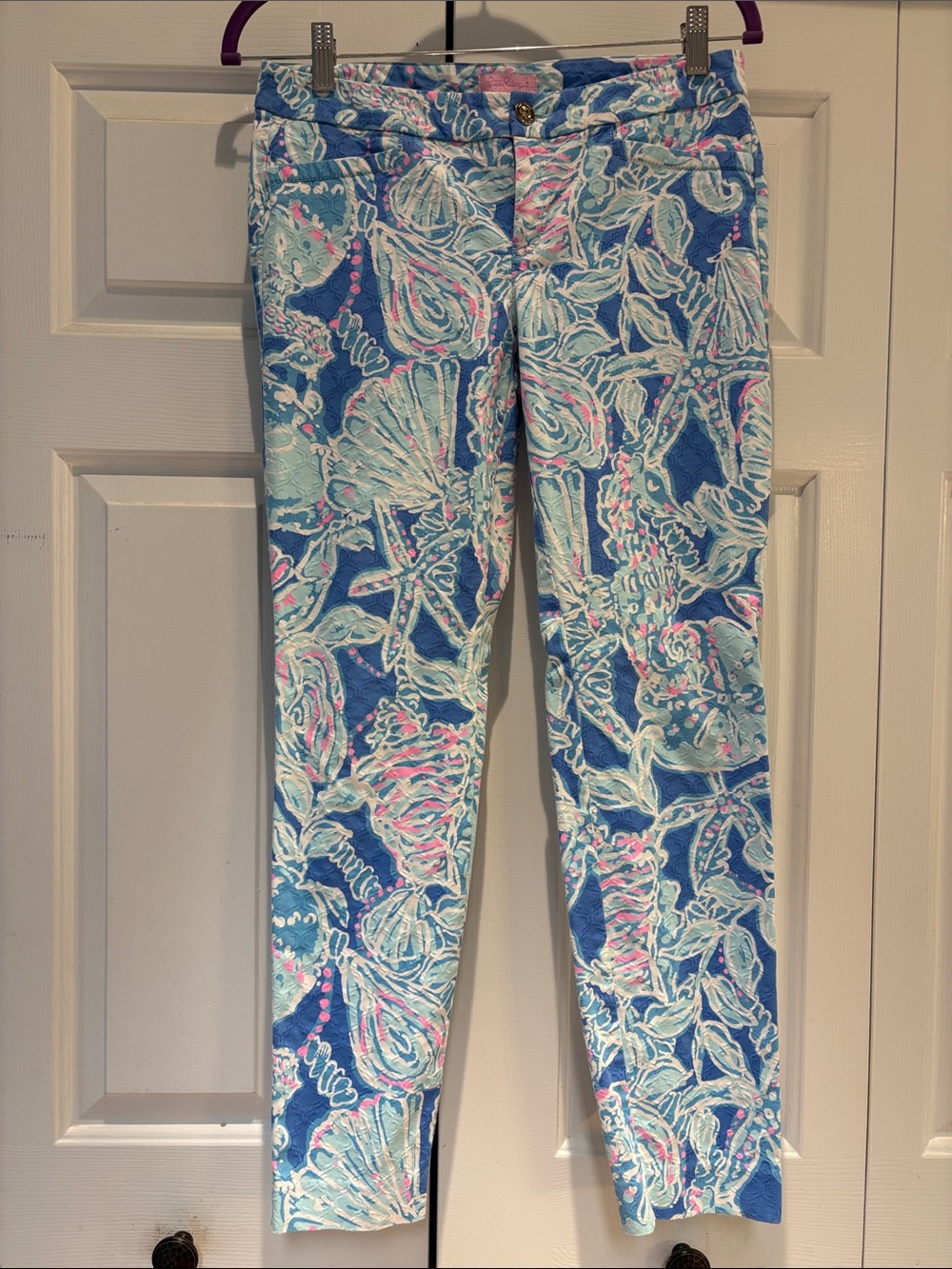 Lilly Pulitzer Blue Floral Print Pants with Pink Accents